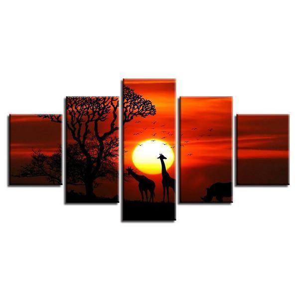 Giraffe Tree Sunset Scenery Animal Canvas Wall Art