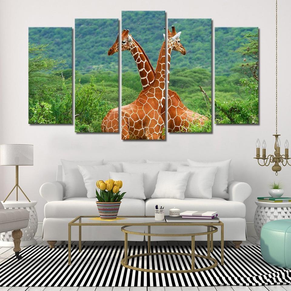 Giraffes Green Tree Animal Canvas Wall Art
