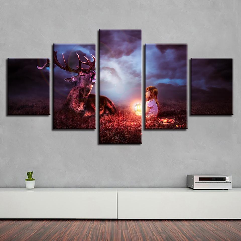 Girl Animal Deer Abstract Animal Canvas Wall Art