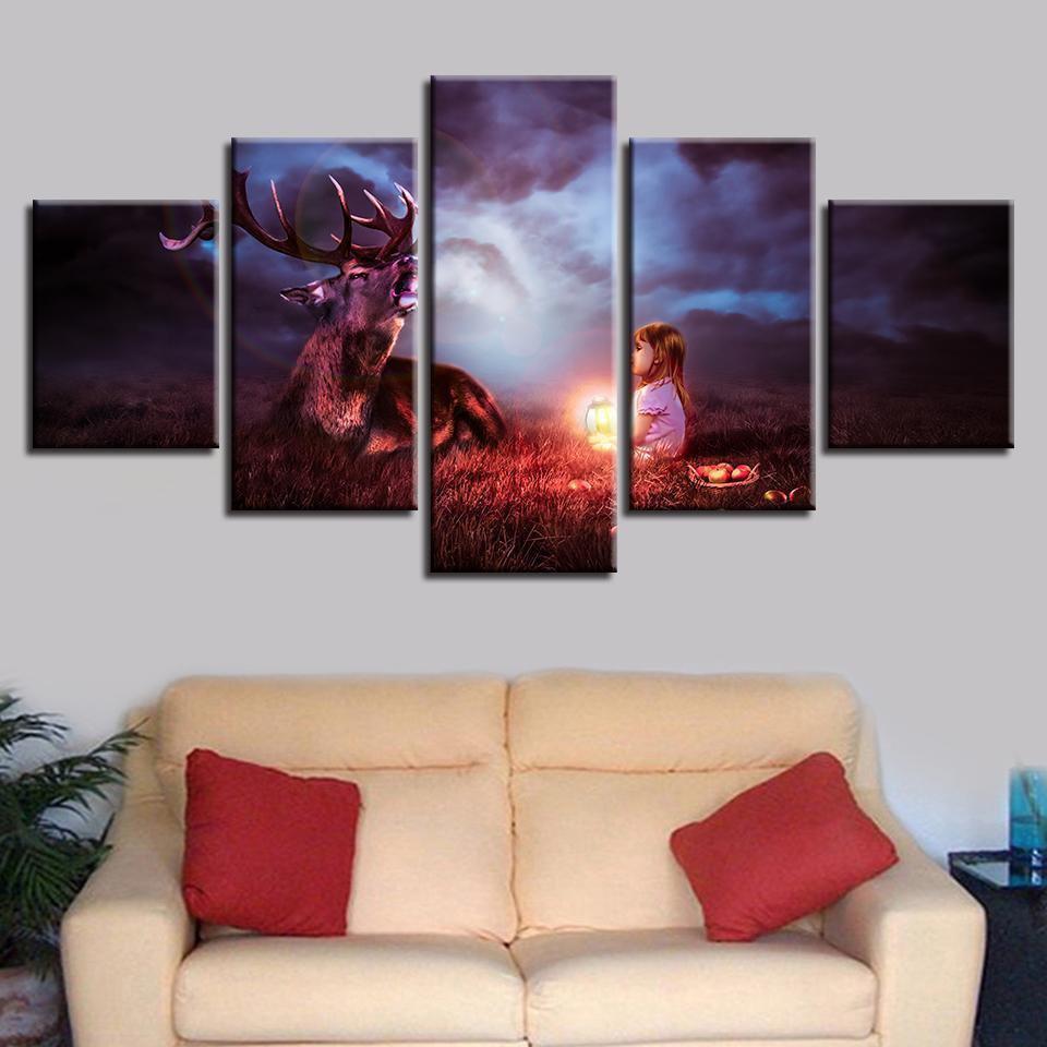 Girl Animal Deer Abstract Animal Canvas Wall Art