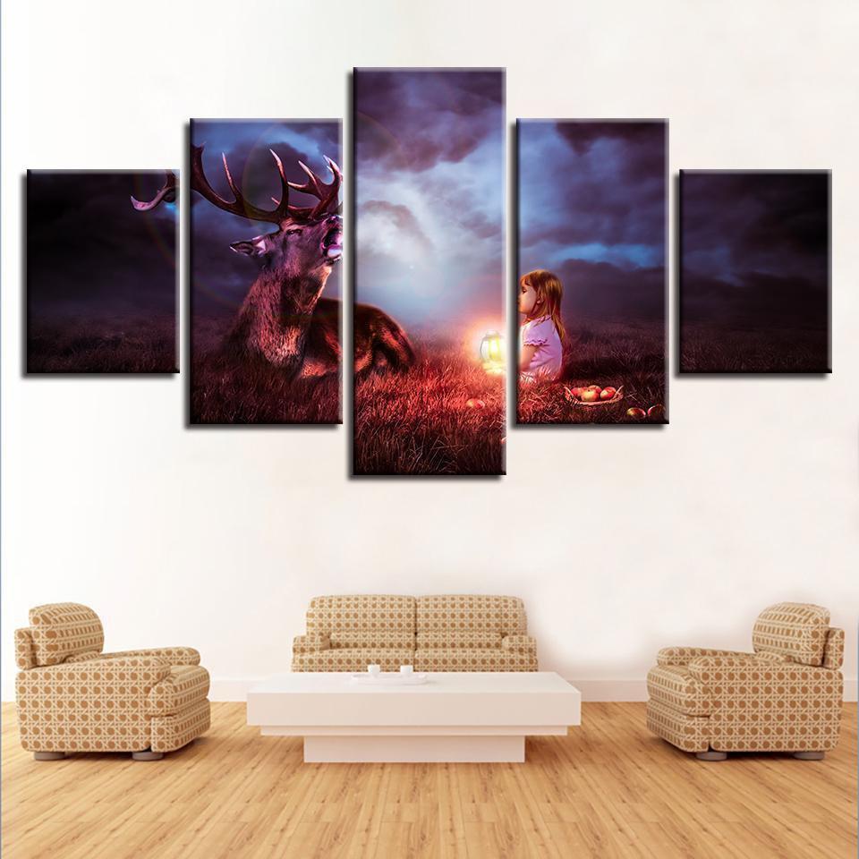 Girl Animal Deer Abstract Animal Canvas Wall Art