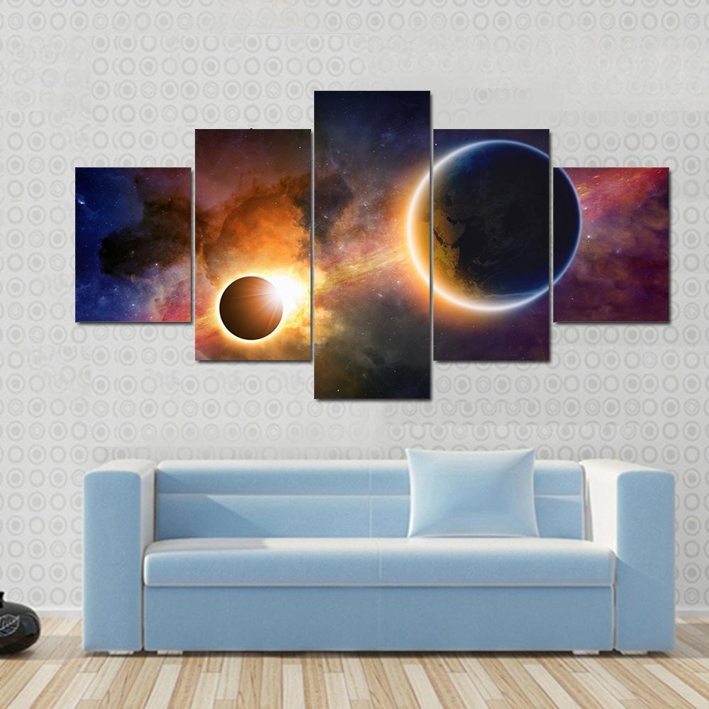 Glowing Planet Earth In Space, Solar Eclipse, Nebula And Stars Space Canvas Wall Art