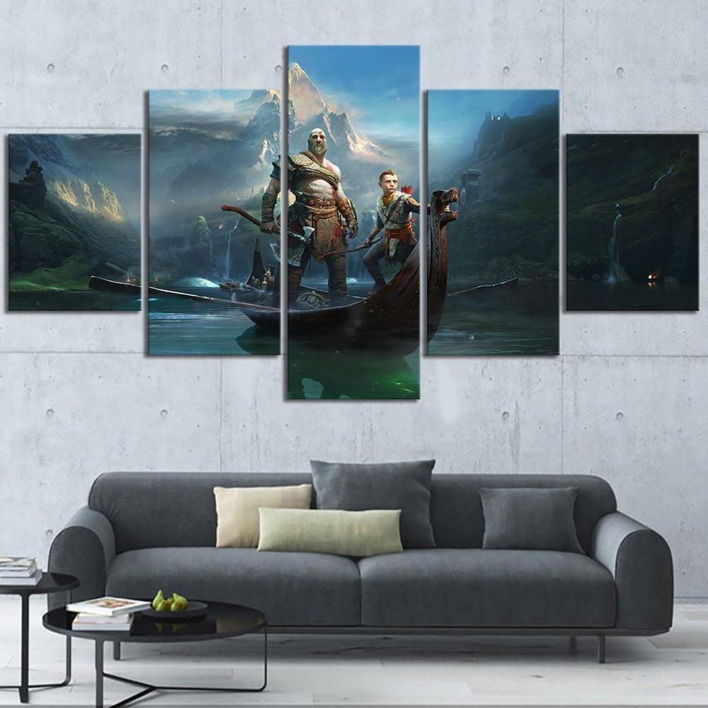 God Of War Kratos &amp;amp; Atreus On the River Gaming Canvas Wall Art