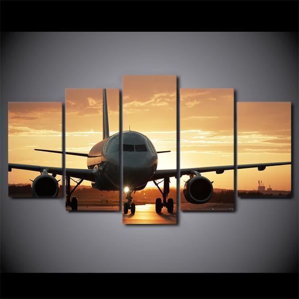 Golden Sunset Jet Airplane Aircraft Airplane Canvas Wall Art