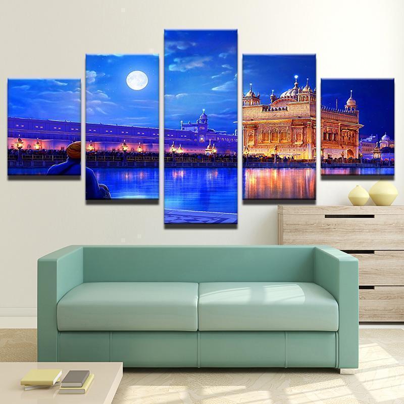 Golden Temple Drawing Nature Canvas Wall Art
