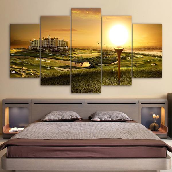 Golf Course City Tee Wall Art At Sunset Nature Canvas Wall Art