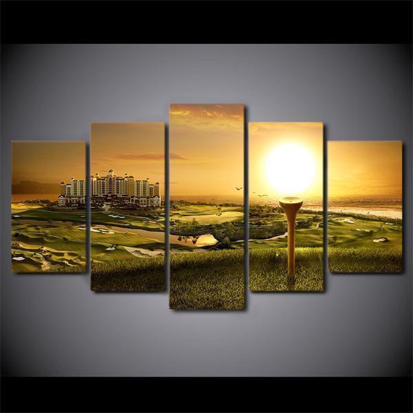 Golf Course City Tee Wall Art At Sunset Nature Canvas Wall Art
