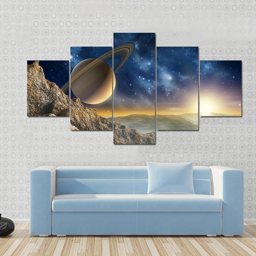 Gorgeous Spacescape As Seen From One Of Saturn Moon Nature Canvas Wall Art