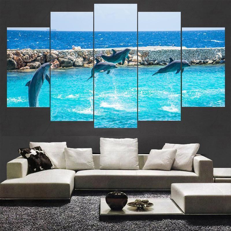 Graceful Jumping Dolphins Animal Canvas Wall Art