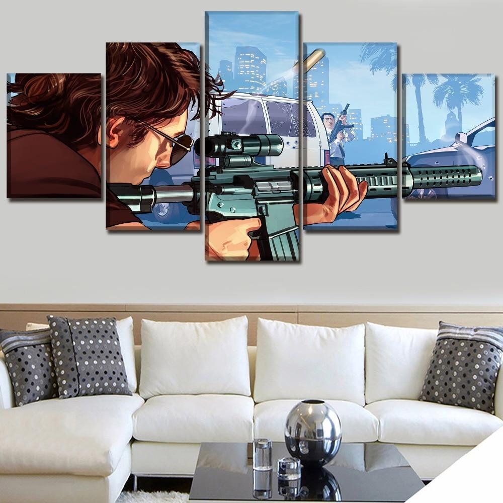 Grand Theft Auto V Shooting With Big Gun Gaming Canvas Wall Art