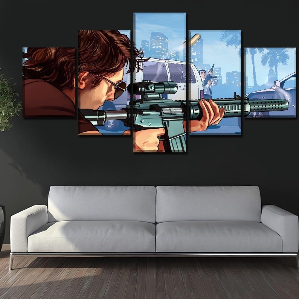 Grand Theft Auto V Shooting With Big Gun Gaming Canvas Wall Art