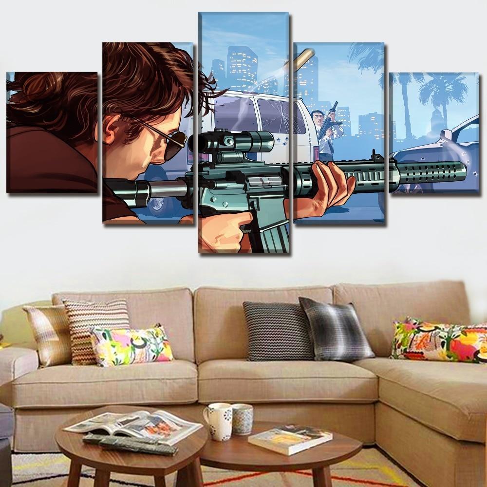 Grand Theft Auto V Shooting With Big Gun Gaming Canvas Wall Art