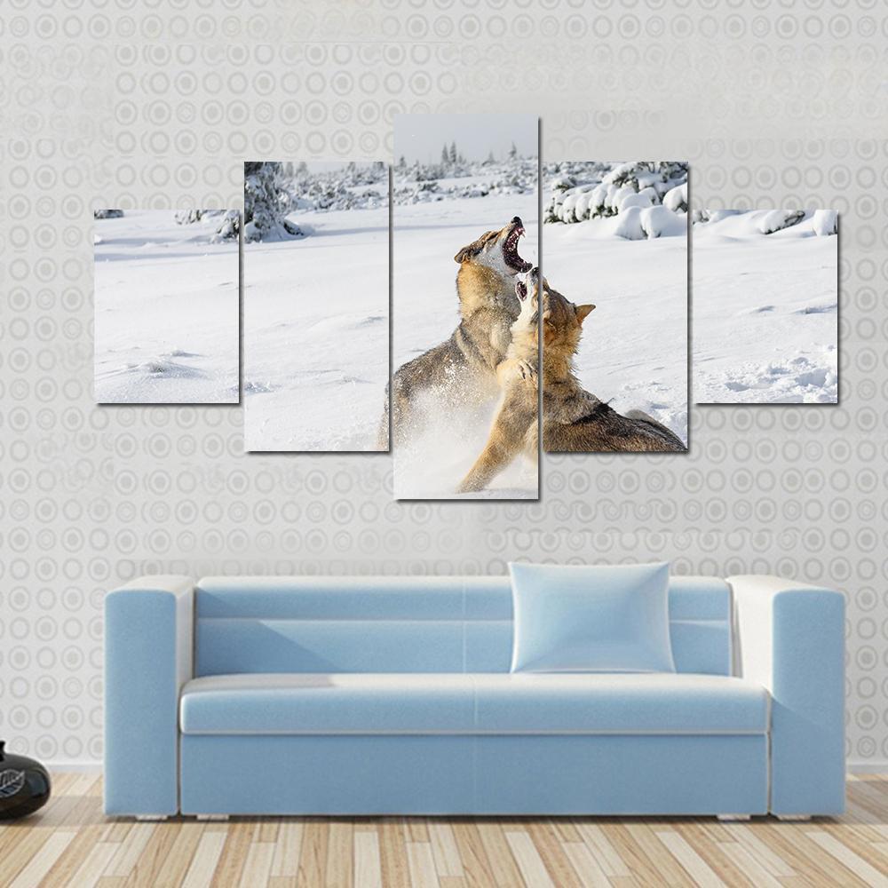 Gray Wolves Pack Howling In Snow Animal Canvas Wall Art