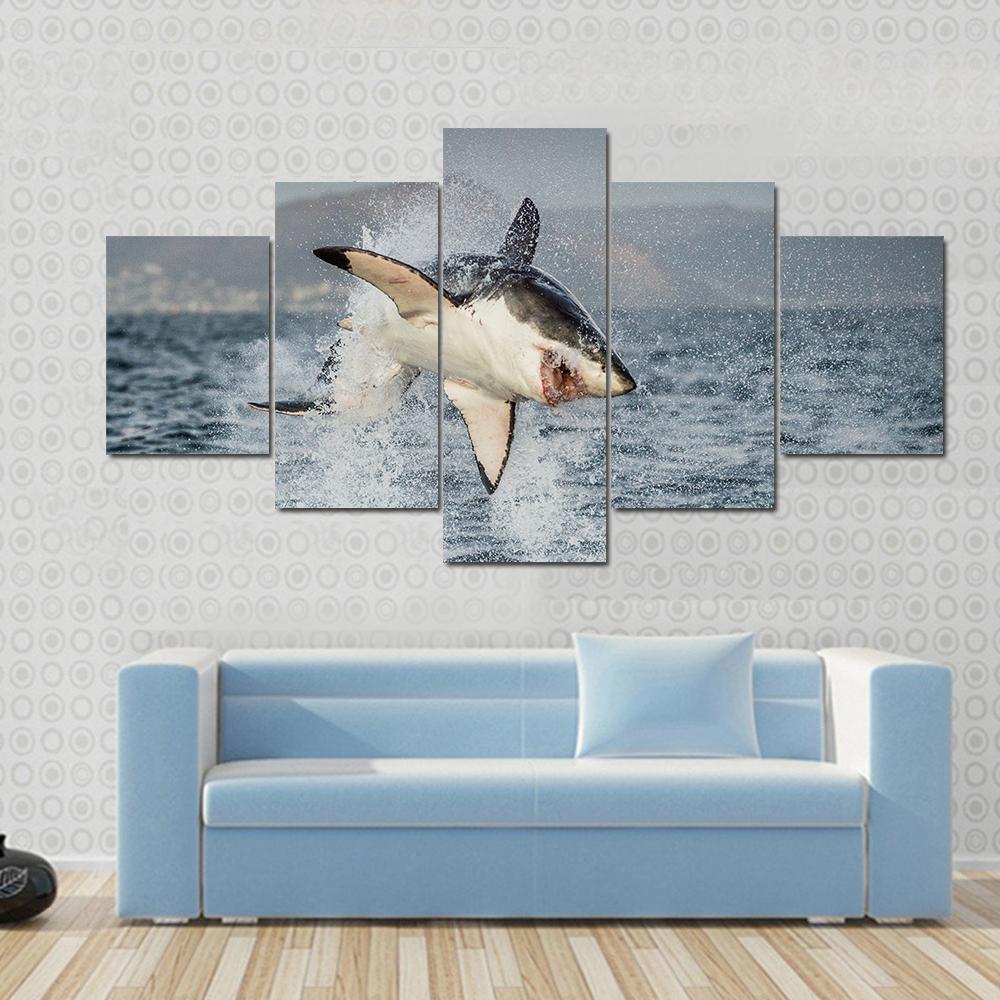 Great White Shark Flying Off From The Water Animal Canvas Wall Art