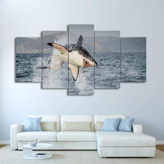Great White Shark Jumping Breach Air Jaws Ocean Canvas Wall Art