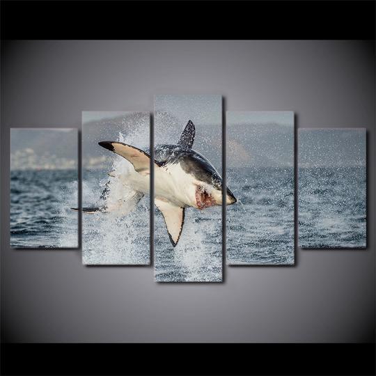 Great White Shark Jumping Breach Air Jaws Ocean Canvas Wall Art