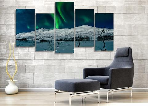 Green Aurora And Snow Mountain Nature Canvas Wall Art
