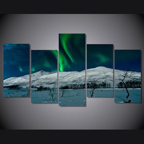 Green Aurora And Snow Mountain Nature Canvas Wall Art
