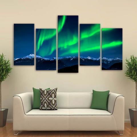 Green Aurora With Snow Mountain Nature Canvas Wall Art