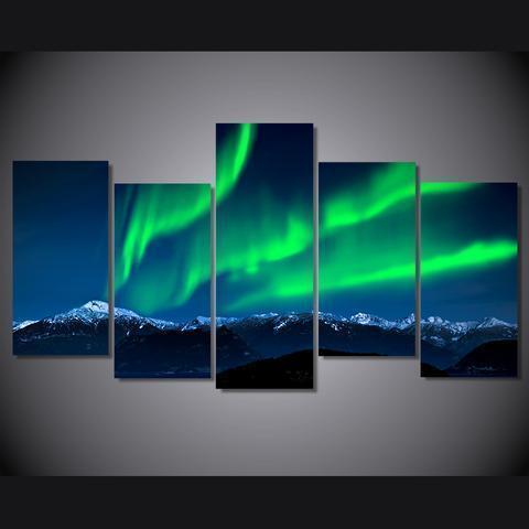 Green Aurora With Snow Mountain Nature Canvas Wall Art
