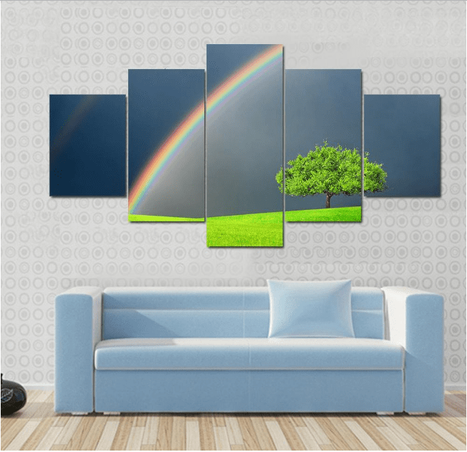 Green Field With Tree&amp;amp;Double Rainbow Nature Canvas Wall Art