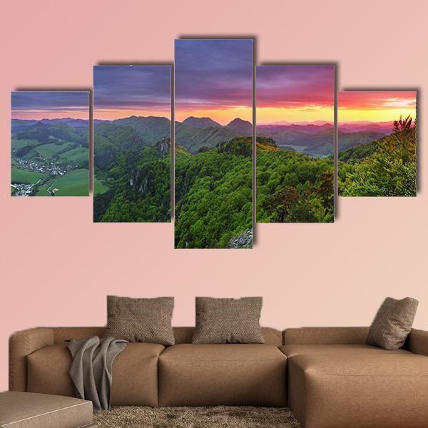 Green Forest Mountain With Sun Nature Canvas Wall Art
