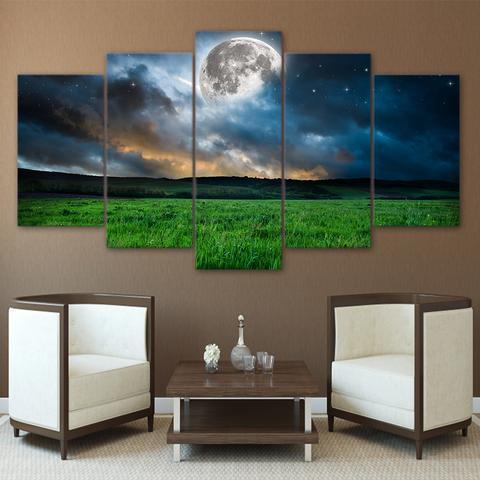 Green Grass And Moon Nature Canvas Wall Art