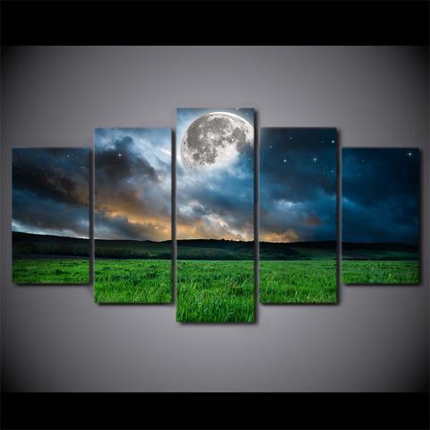 Green Grass And Moon Nature Canvas Wall Art
