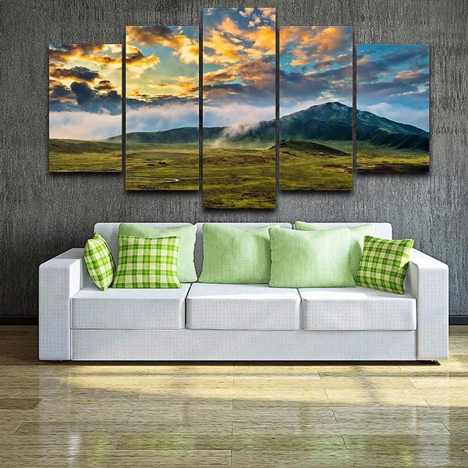 Green Grass Lawn And Mountains Nature Canvas Wall Art