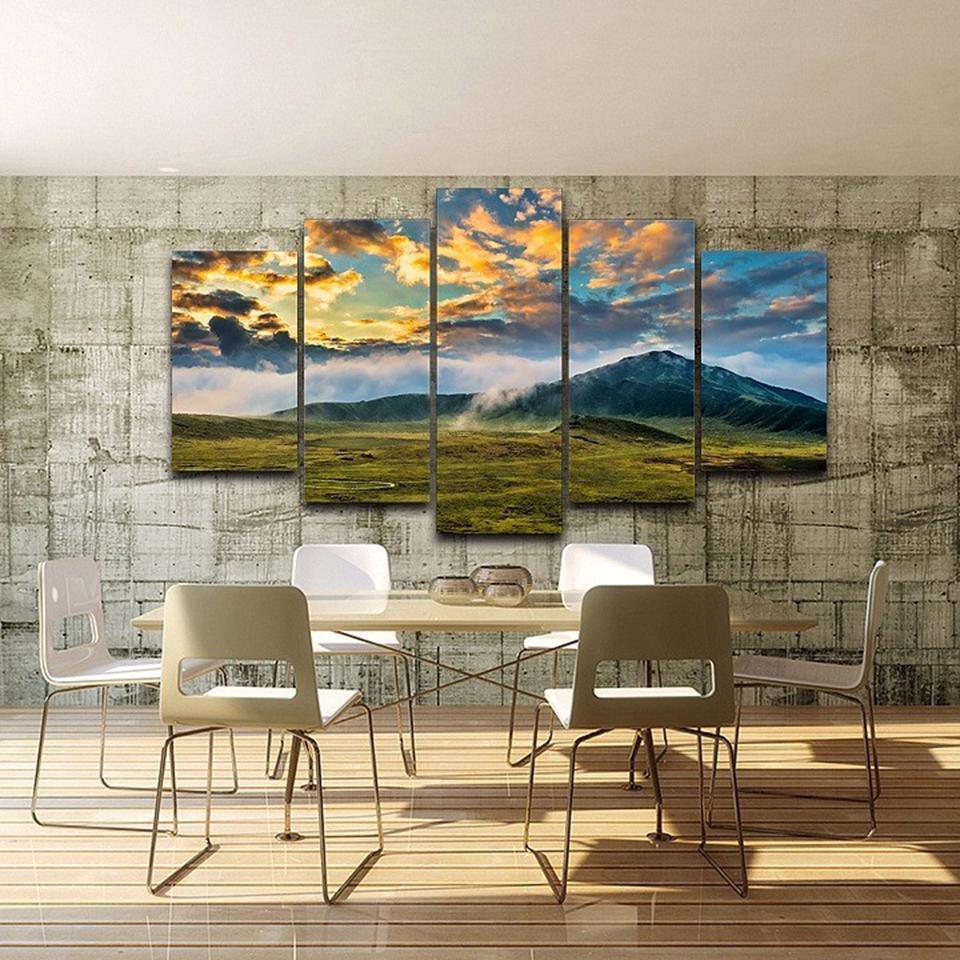 Green Grass Lawn And Mountains Nature Canvas Wall Art