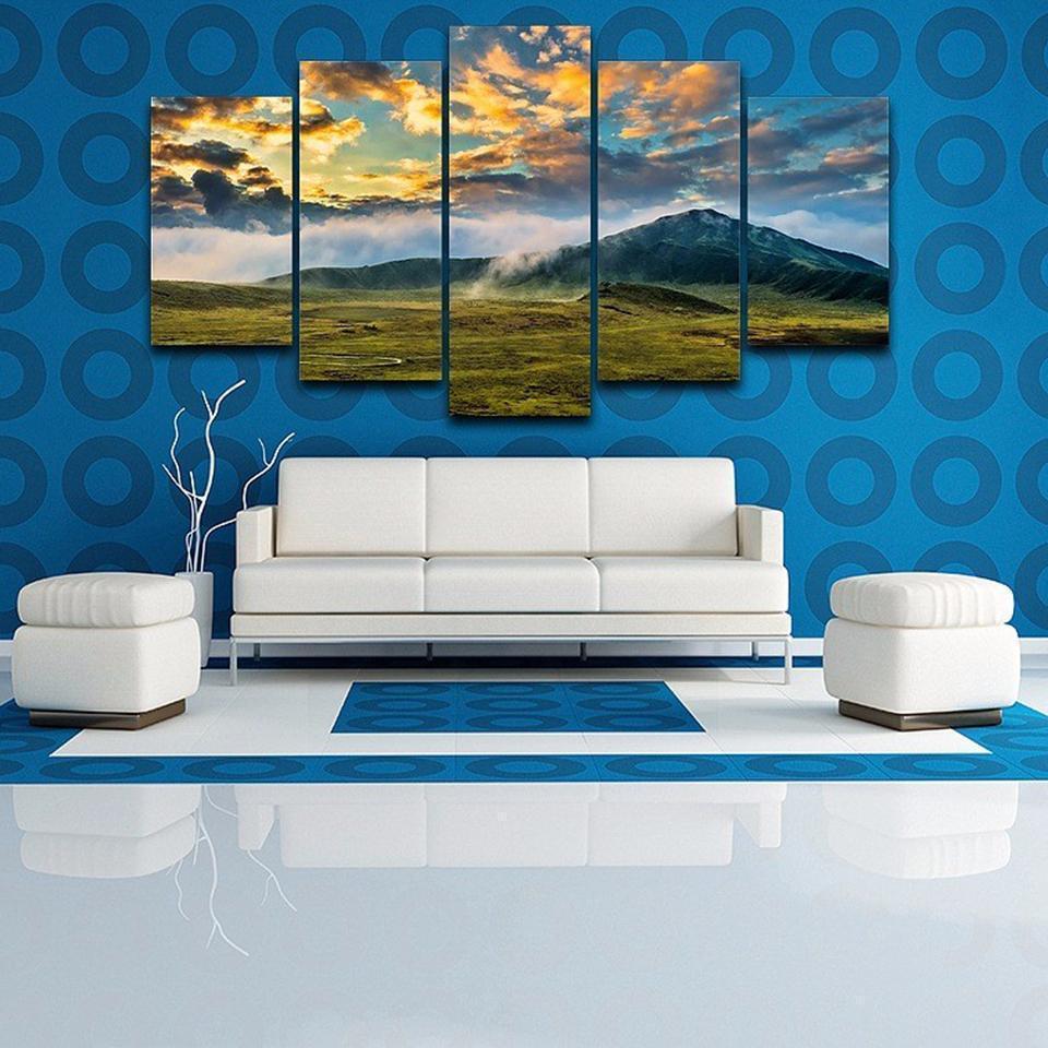 Green Grass Lawn And Mountains Nature Canvas Wall Art