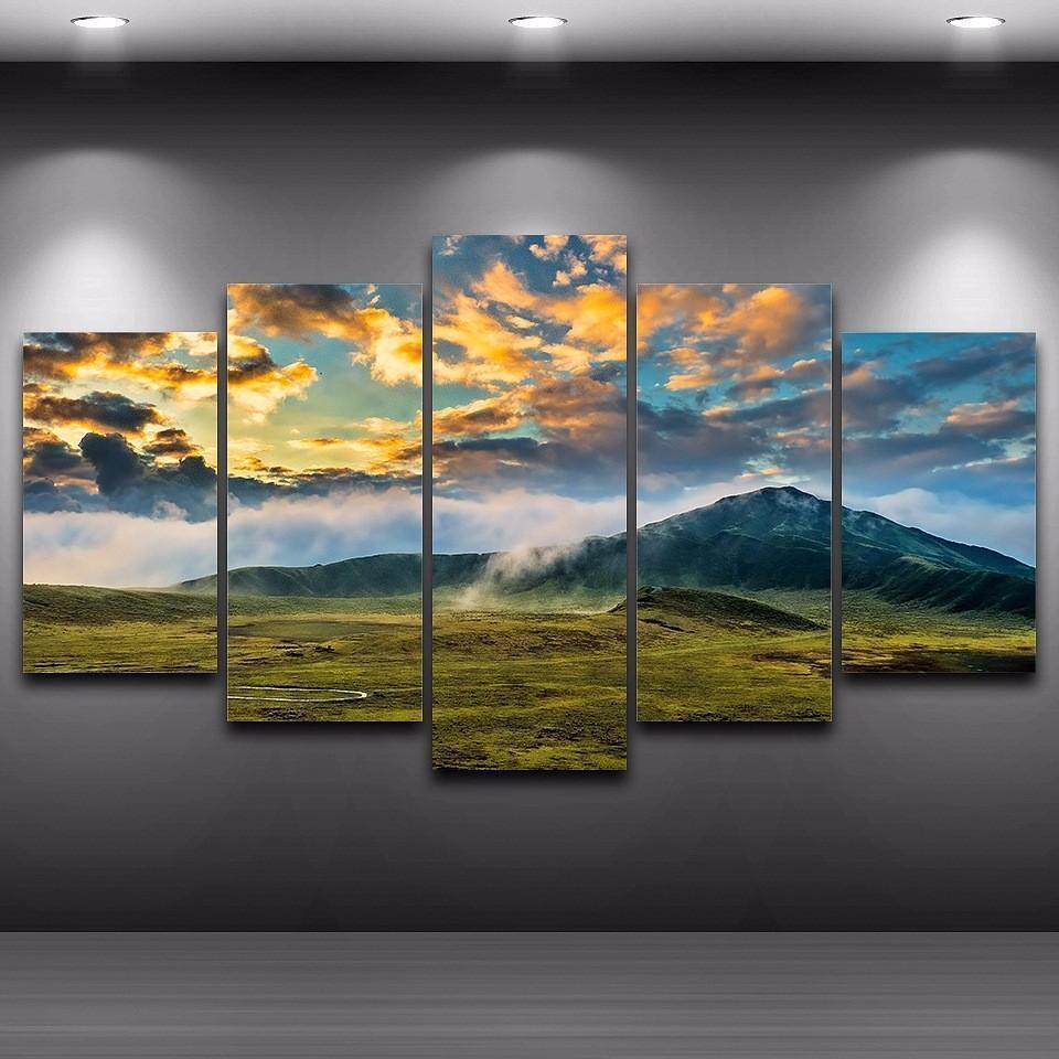 Green Grass Lawn And Mountains Nature Canvas Wall Art