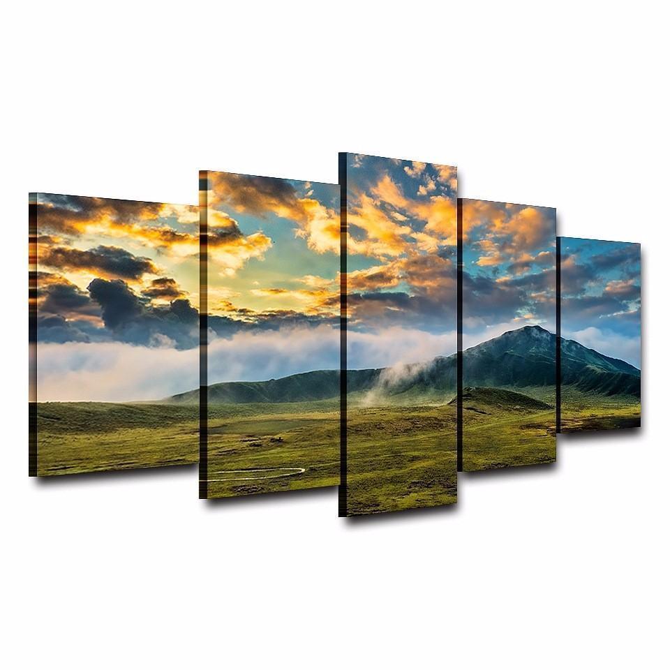 Green Grass Lawn And Mountains Nature Canvas Wall Art