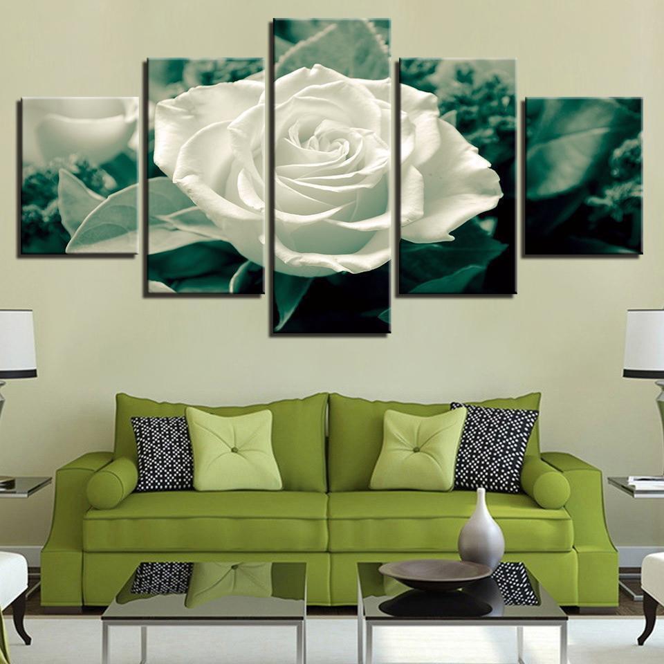 Green Leaves White Rose Flower Nature Canvas Wall Art
