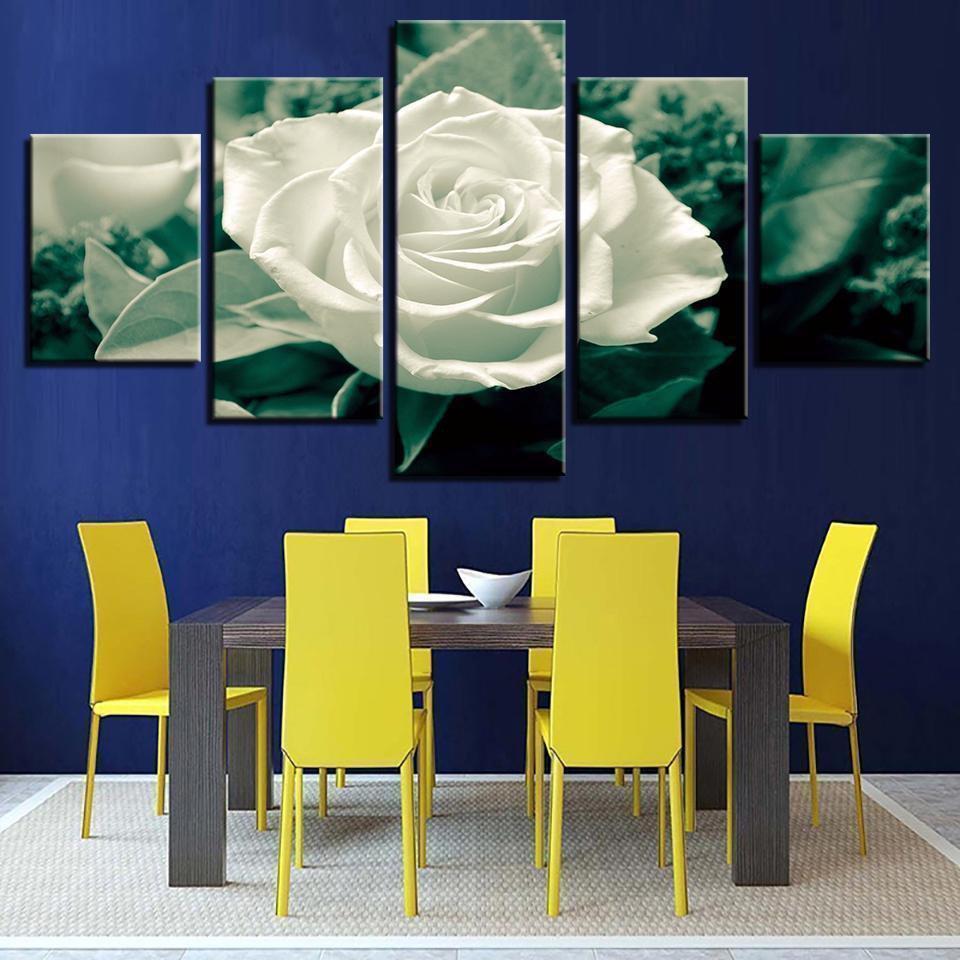 Green Leaves White Rose Flower Nature Canvas Wall Art