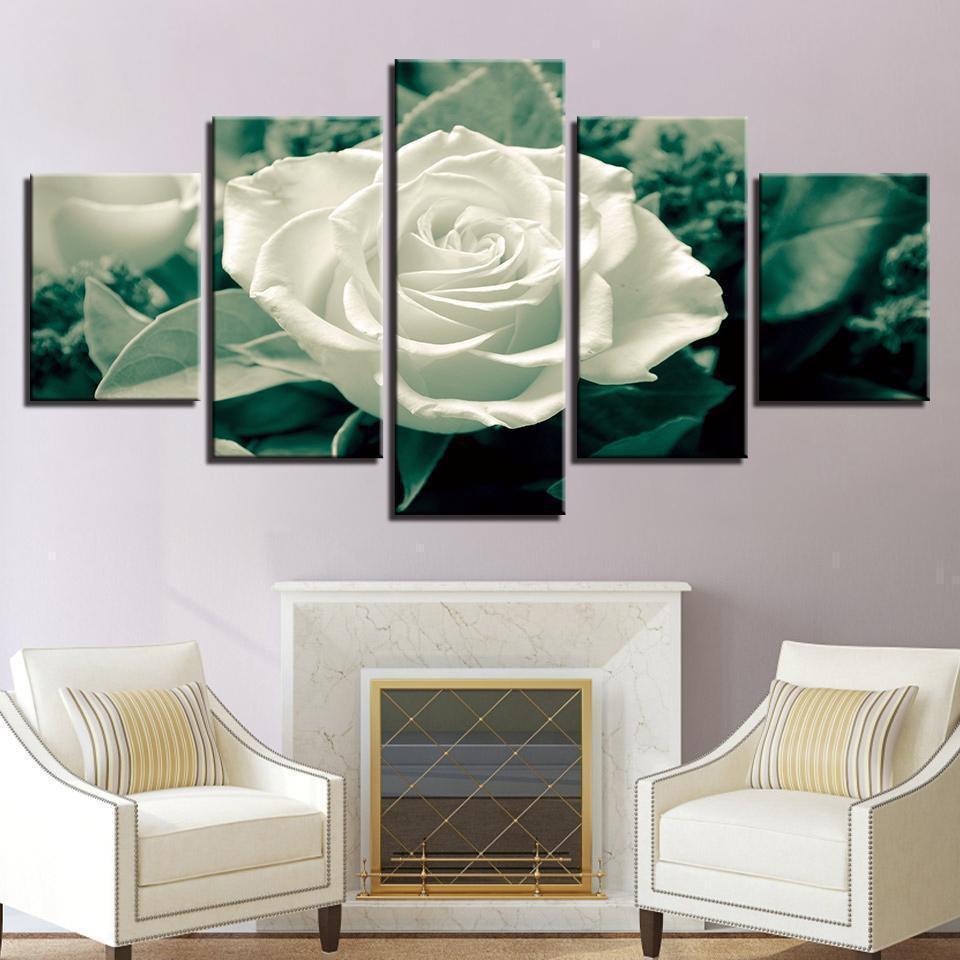 Green Leaves White Rose Flower Nature Canvas Wall Art