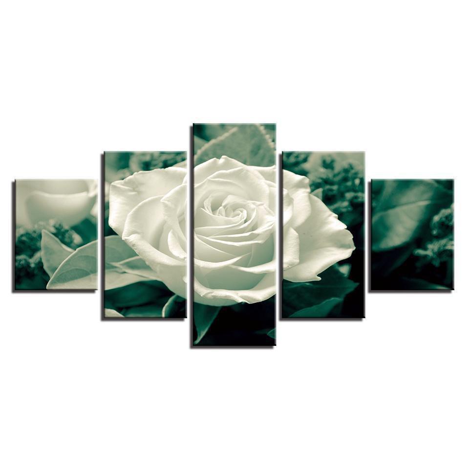 Green Leaves White Rose Flower Nature Canvas Wall Art