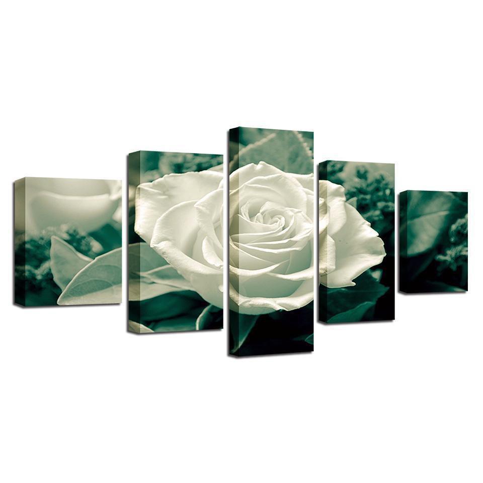 Green Leaves White Rose Flower Nature Canvas Wall Art