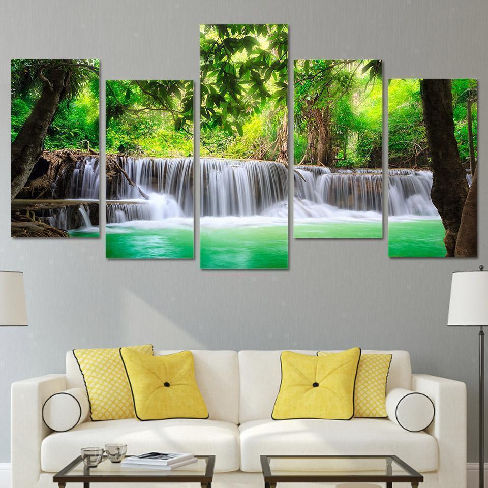Green Tree Waterfall Landscape Nature Canvas Wall Art