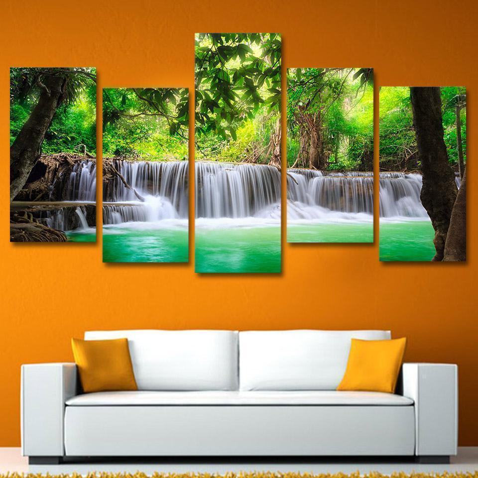Green Tree Waterfall Landscape Nature Canvas Wall Art