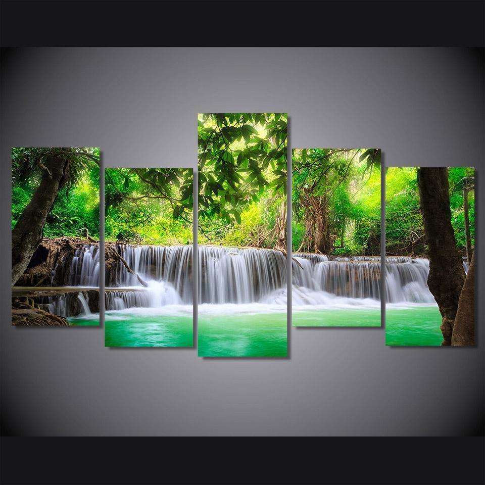 Green Tree Waterfall Landscape Nature Canvas Wall Art