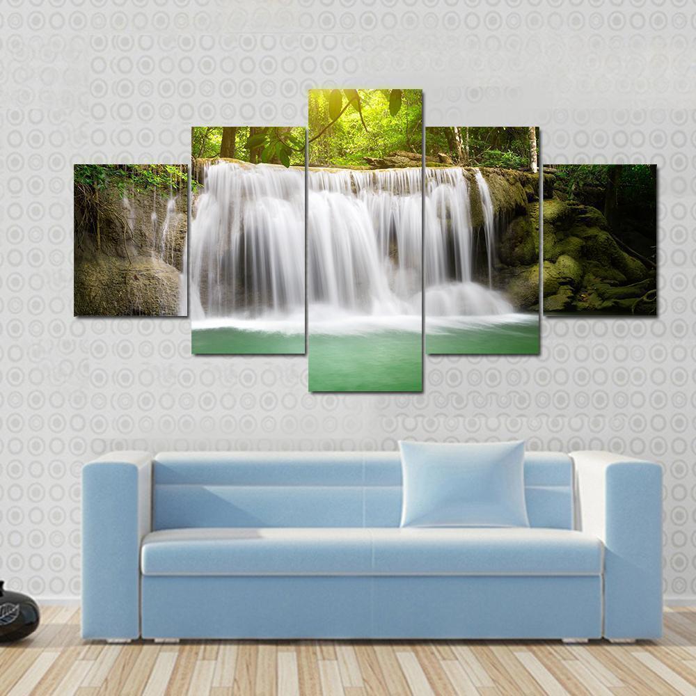 Green Waterfall Nature Canvas Wall Art
