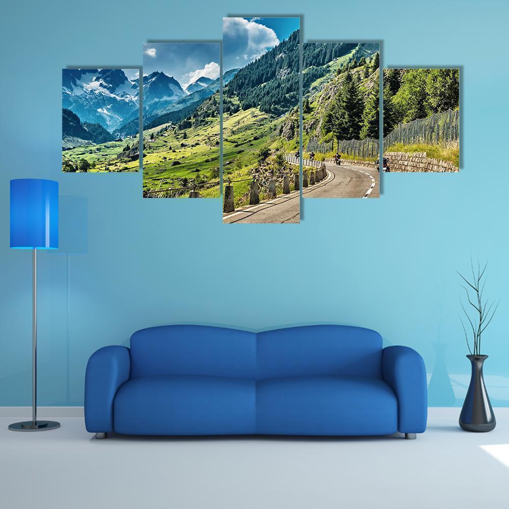 Group Of Bikers On Mountainous Road Nature Canvas Wall Art