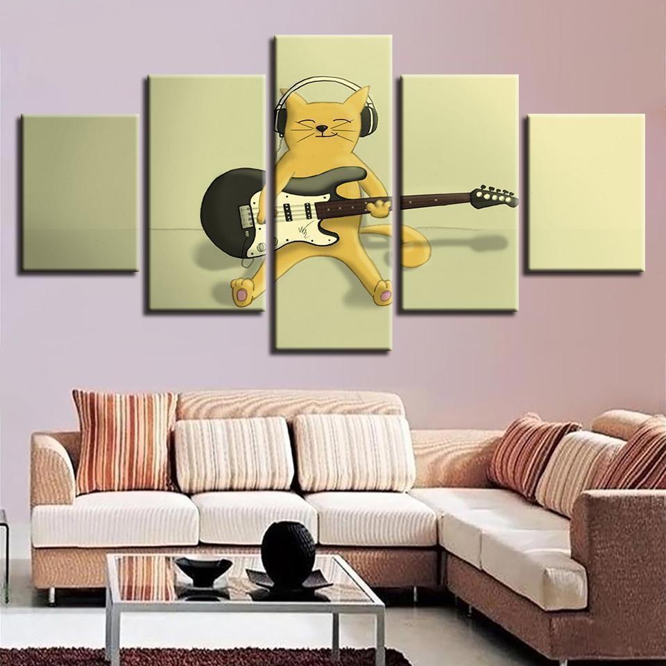 Guitar Cat Cartoon Abstract Animal Canvas Wall Art