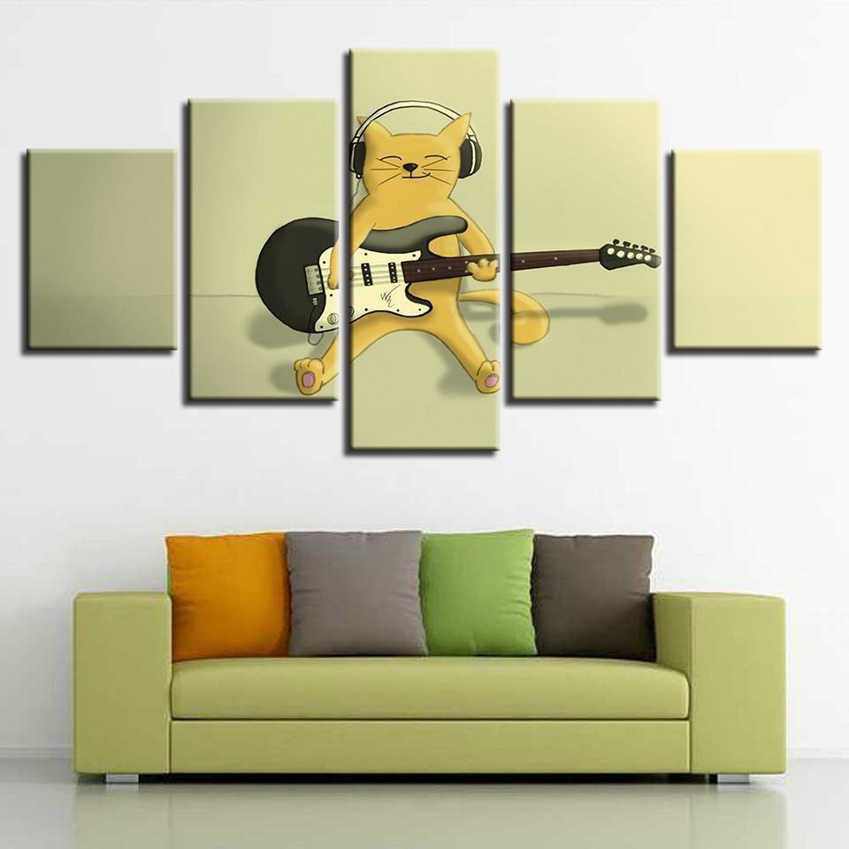 Guitar Cat Cartoon Abstract Animal Canvas Wall Art