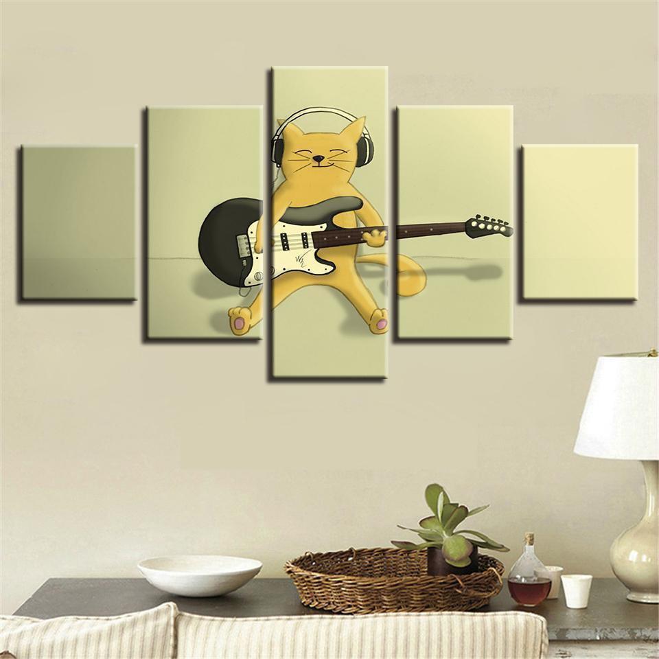 Guitar Cat Cartoon Abstract Animal Canvas Wall Art