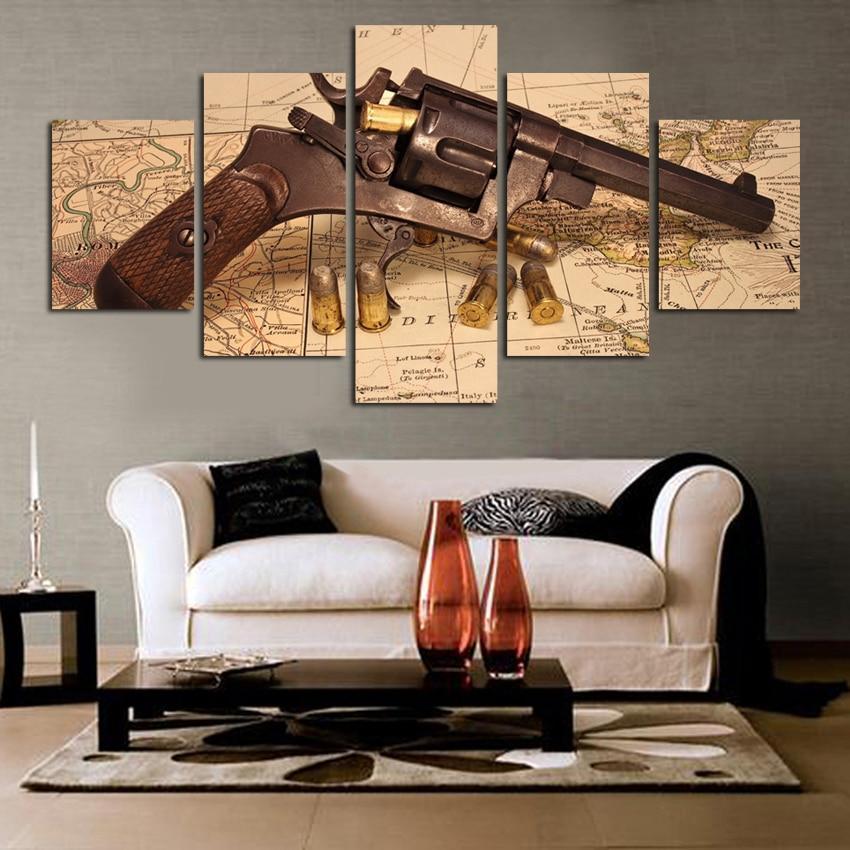 Gun And Map Army Canvas Wall Art
