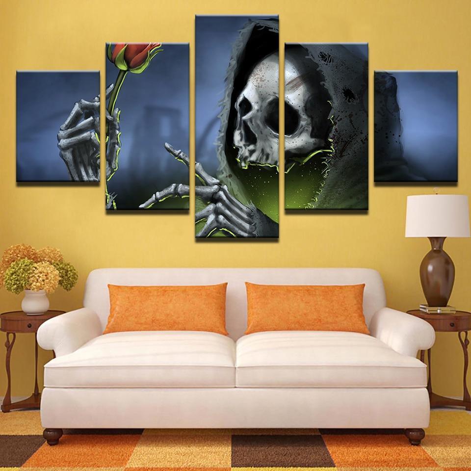 Halloween Black Hat Skull Red Rose Canvas Wall Art