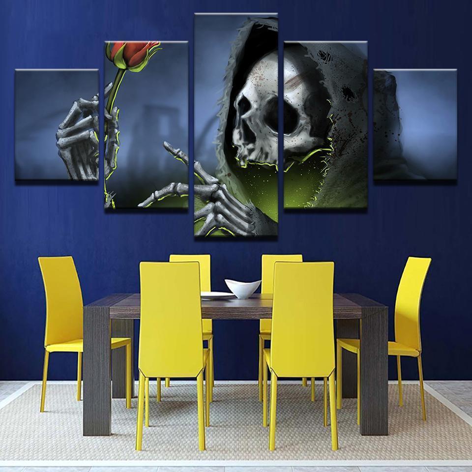 Halloween Black Hat Skull Red Rose Canvas Wall Art