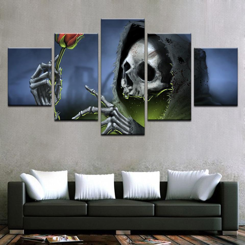 Halloween Black Hat Skull Red Rose Canvas Wall Art